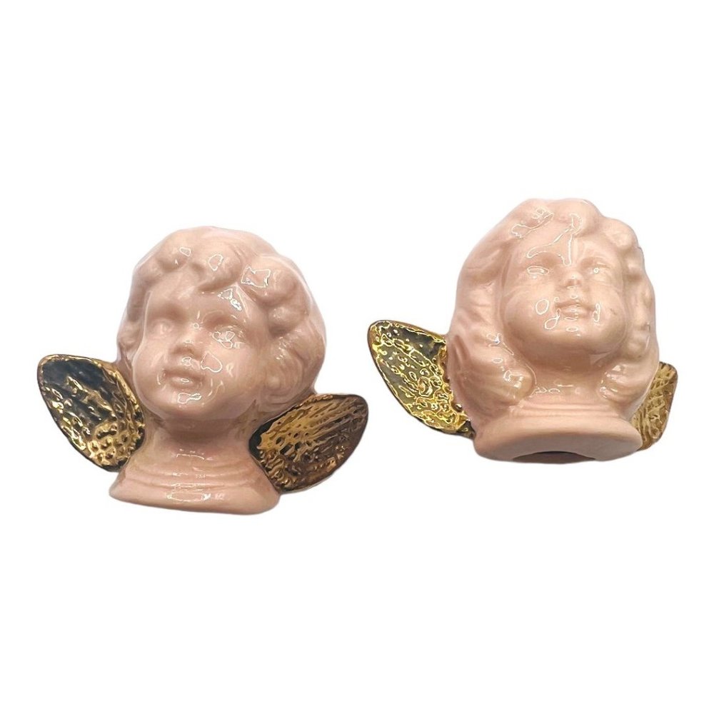 Vintage Porcelain Angel Cherubs Doll Head Ornaments Painted and finished Pair